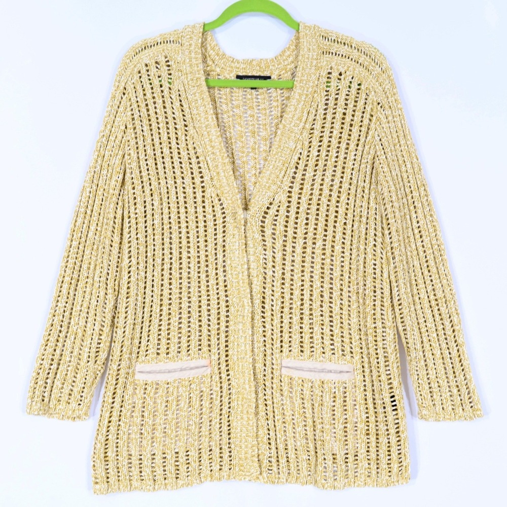 Lafayette 148 Open Knit Cardigan Women L Yellow Layering Coastal Resort Boho